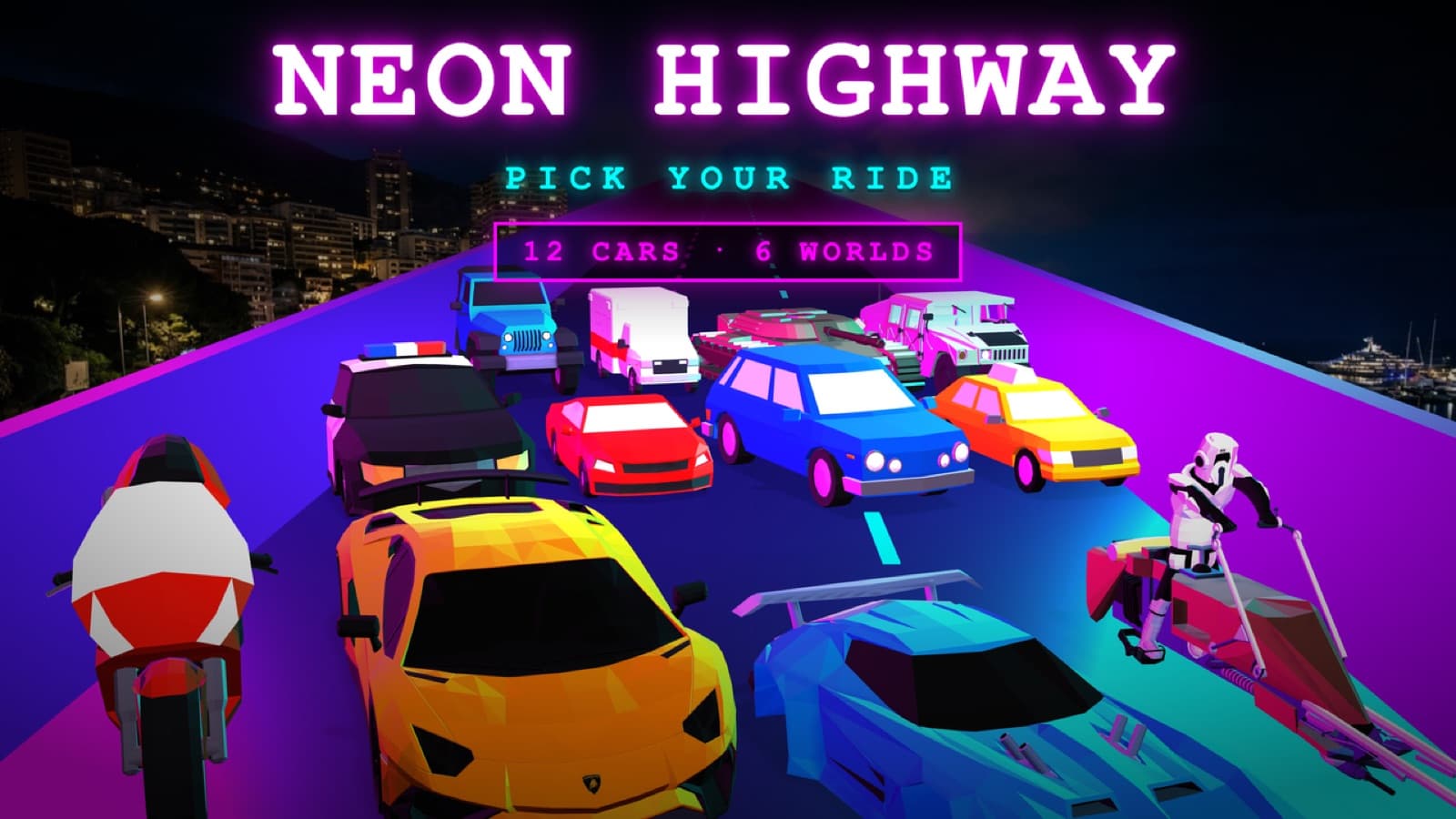 Neon Highway key art: the game's low-poly vehicle lineup — supercar, motorbike, police cruiser, van and more — parked across a magenta-lit highway above a night coastline.